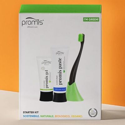 promis Zestaw startowy, przyjazny dla środowiska, wegański, naturalna pasta do zębów, żel dentystyczny przeciw żółciom, miękka szczoteczka do zębów + uchwyt na szczoteczkę do zębów