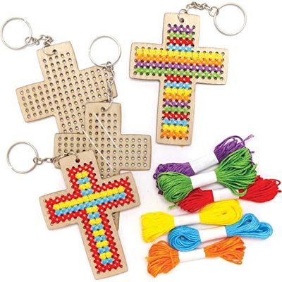 Baker Ross Cross Wooden Cross Stitch Keyrings - Pack of 5, Christian Crafts for Kids (AX788)