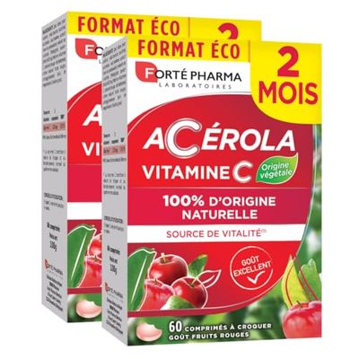 Forté Pharma - Acerola - Vitamine C Naturelle à Croquer - Complément Alimentaire Vitalité - Anti fatigue, Système immunitaire renforcé - 2x2 mois - 120 comprimés, 1/jour - goût fruits rouges