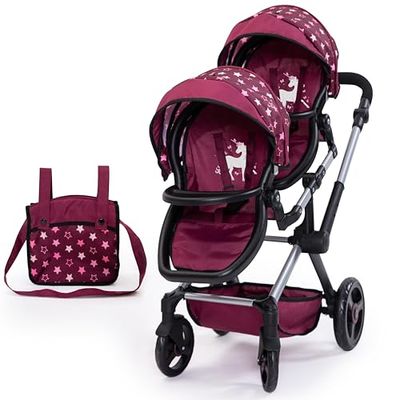 Bayer Design 26723AA Twin Xeo Cochecito de muñeca gemelas, Carrito Doble para muñecos, Altura Regulable, Ruedas Delanteras móviles, Bolsa