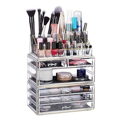 Relaxdays Organizador de Maquillaje con 6 Cajones, Acrílico, Dorado, 29 x 23.5 x 14 cm, Fibra