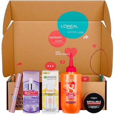 Coffret, Mascara Sky High Maybelline, Sérum Vitamine C Garnier, Sérum Revitalift Filler L'Oréal Paris, Poudre Teint Infaillible 24h, Elsève Dream Long