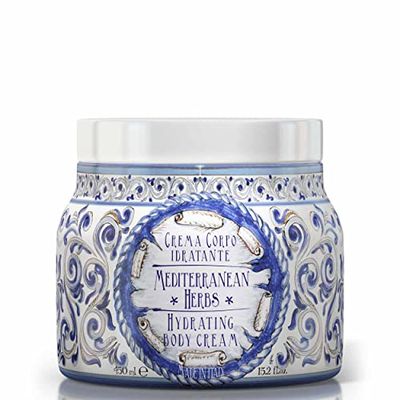 Le Maioliche - MEDITERRANEAN HERBS - Crema Corpo Idratante 450 ml - MADE IN ITALY - Note di Erbe Mediterranee, Scorza di Limone, Mirto, Gelsomino, Giglio Selvatico, Timo, Ginger