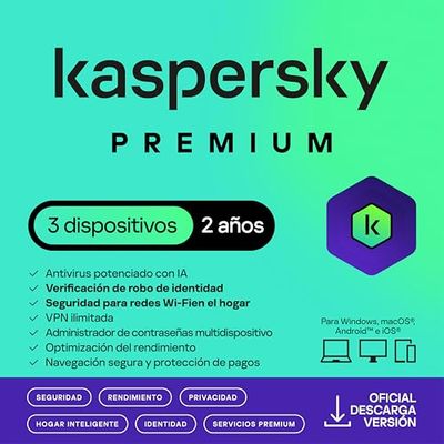 Kaspersky Premium Total Security 2025 | 3 Dispositivos | 2 años | Anti-Phishing y Firewall | VPN ilimitada | Gestor de contraseñas | Control parental | Soporte 24/7 | PC/Mac/Móvil | Código por email