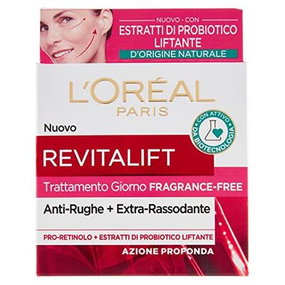 L'Oréal Paris Crema Viso Giorno Fragrance-Free Revitalift, Formula Clean Senza Profumo, Azione Antirughe Anti-Età con Probiotico Liftante, 50 ml