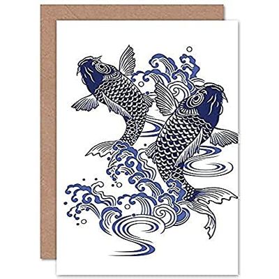 Fine Art Prints Japanese Koi Carp Illustration Greeting Card With Envelope Inside Premium Quality, Blue|beige|grey|white