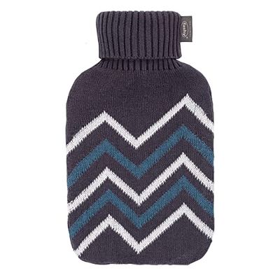 Fashy Hot Water Bottle 2.0 L with Knitted Cotton Cover, Grey, 34 x 20 cm, 1, 1.0 Pieces