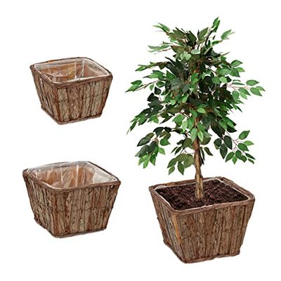 Relaxdays Pots de Fleurs, Lot de 3, Bois, avec Film, 3 Tailles, Plantes & Herbes, bacs carrés, Nature