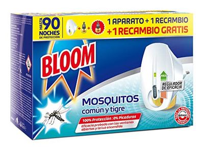 Bloom Insecticide électrique liquide double efficacité (1 appareil + 2 recharges), insecticide électrique pour moustiques commun et tigre, formule concentrée sans parfum