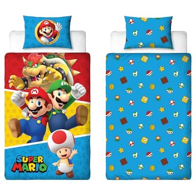 Nintendo Super Mario - Set copripiumino per letto singolo, reversibile, double-face, con federa coordinata, in policotone, prodotto ufficiale