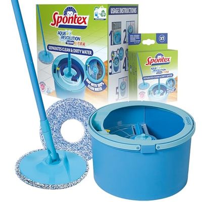 Spontex Aqua Revolution System, Set Mop e Secchio, Separa l'Acqua Sporca da Quella Pulita, Pulisce Pavimenti in Laminato, Legno e Piastrelle, Mop Piatto con 2 x Ricambi della Testa in Microfibra