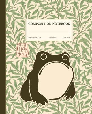 Composition Notebook College Ruled: Vintage Green leaves and Grumpy Frog Japanese art Nature Floral Botanical Cottagecore Aesthetic