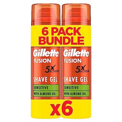 Gillette Fusion Shave Gel for Men with Almond Oil, For Sensitive Skin, 5X Action: Cleanses, Hydrates, Protects, Refreshes, and Soothes, 6x200ml