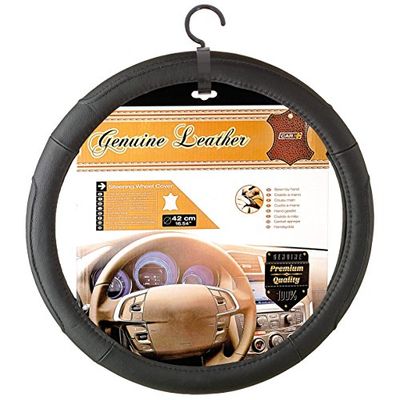 S SUMEX 250VANN Special Van Capa de volante para carpetes, pele natural, diâmetro 42 cm, preta com costurado preto