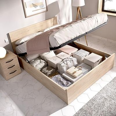 Dmora - Letto matrimoniale Piglione, Sommier giroletto rete inclusa, Struttura letto contenitore per materasso di 150x190 cm, 158x197h95 cm, Rovere