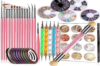 47Pcs Kit de Nail Art Pinceaux Ongles, Nail Art Pinceaux, Strass Cristal, Stylos à Ongles, Ruban Adhésif, Paillettes Autocollants Kit Decoration pour Ongle (Rose)