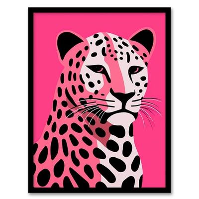 Artery8 Stylized Pink Black Leopard Bold Vibrant Risograph Screenprint Artwork Painting Artwork Framed Wall Art Print A4
