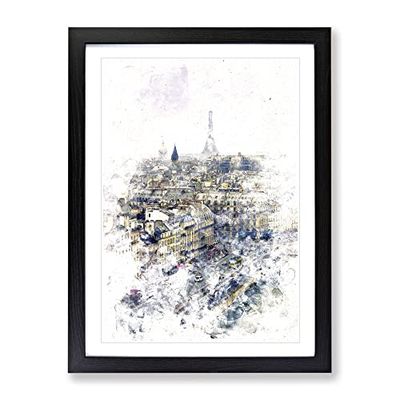 View Of The Eiffel Tower In Paris France Watercolour Modern Framed Wall Art Print, Ready to Hang Picture for Living Room Bedroom Home Office Décor, Black A3 (34 x 46 cm)