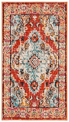 Safavieh Tapis Boho pour Salon, Salle à Manger, Chambre à Coucher - Monaco Collection, Tapis à Poil Court, Orange et Bleu Clair, 66 X 122 Cm