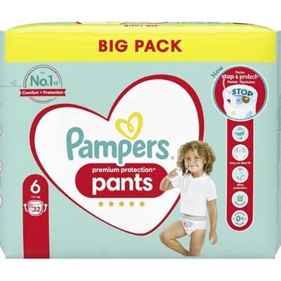 Pampers Lot de 32 couches pour bébé Taille 6 (15 kg+) Premium Protection, extra large, avec pochette de protection