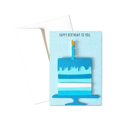 Primo compleanno - torta con candelina - azzurro - bambino - biglietto d'auguri (formato 15 x 10,5 cm) - vuoto all'interno, ideale per il tuo messaggio personale - realizzato interamente a mano.