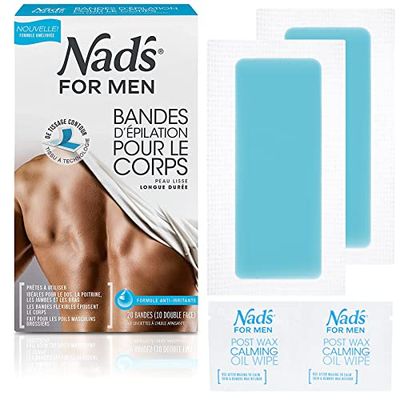 Nad’s For Men - 20 Bandes de Cire Froide, Le Corps Épilation à La Cire Pour Hommes, Cire Epilation Homme, Trousse 20 Bandes D'épilation + 2 Après L'épilation Lingettes