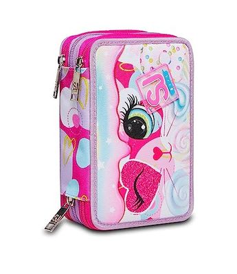 SJ Gang Heart Lolly Pennenetui met 3 ritssluitingen, roze - uitgerust met potloden, viltstiften en meer, pennenetui voor kinderen, chiffon, Eén maat, school
