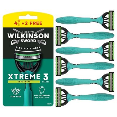 Wilkinson Sword Xtreme 3 Sensitive - Maquinillas de Afeitar Desechables con 3 Hojas Flexibles y Banda Lubricante de Aloe Vera y Vitamina E, Pack Promocional 4 + 2 Unidades