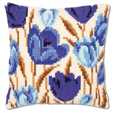 Vervaco Ponto cruz kit almofada decorativa tulipas azuis artesanato adultos decoração bordar kit iniciantes completo DIY bordado criativo presente ca. 40 x 40 cm Cross Stitch Embroidery