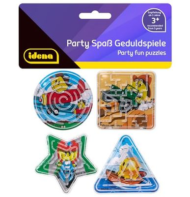 Idena 40430 - feestplezier geduldspellen, 4 stuks, kleine labyrinten met grappige emoji-achtergrondmotieven in de vormen cirkel, driehoek, vierkant en ster, gemiddelde grootte ca. 6 cm