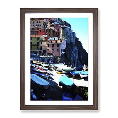 Cinque Terre Italy Fishing Boats Modern Framed Wall Art Print, Ready to Hang Picture for Living Room Bedroom Home Office Décor, Walnut A4 (34 x 25 cm)