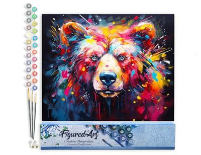 Figured'Art Peinture par Numéro Adulte Ours Coloré Abstrait - Activité Manuelle Kit de Loisir Créatif DIY Numéro d'Art Complet Animaux - 40x50cm sans châssis en bois