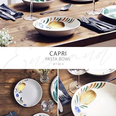 Wade WA967051CAP Capri Set of 4 Pasta Bowls with Vibrant Mediterranean Inspired Design, Crafted from Earthenware, Made in Stoke-on-Trent, 22.5cm, Multi-Coloured