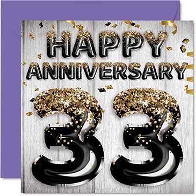 Geweldige 33e verjaardag kaart voor man vriend vrouw vriendin - zwart goud glitter ballonnen - gelukkig 33 jubileumkaarten van familie, 145mm x 145mm wenskaarten voor dertig derde jubilea