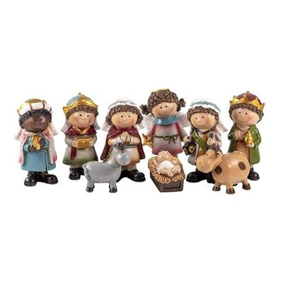 DRW Mistero Belen Bambini 9 Pezzi Colore Resina Dipinto a Mano 11 cm