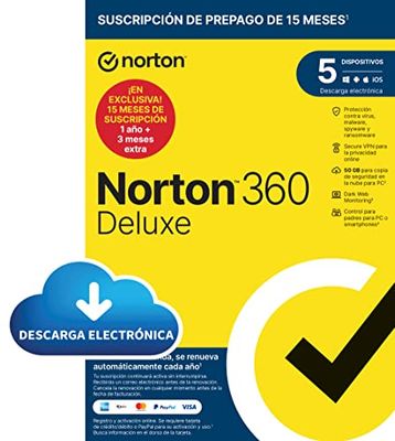 Norton 360 Deluxe 2024 - Antivirus software para 5 Dispositivos y 15 meses de suscripción con renovación automática, Secure VPN y Gestor de contraseñas|PC/Mac/Ios/Android|Enviado por email