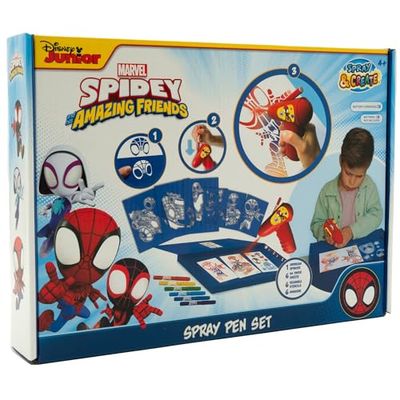 Disney - Marvel – Spidey and his Amazing Friends – Set di penne spray batteria – Aerografo per bambini – Set da colorare con matite colorate e pagine da colorare