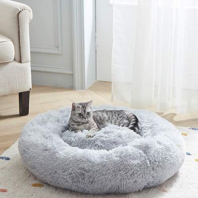 Sunstyle Home Plush rotondo letto di animali da compagnia per gatti o cani piccoli letto di animali da compagnia riscaldarsi autunnale inverno al coperto letto di animali da compagnia per cani e gatti piccoli su fondo antiscivolo (S(20"x20"), grigio)