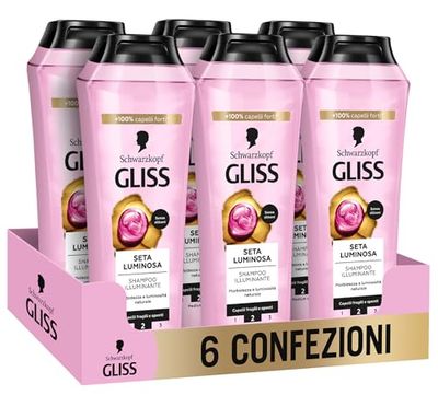 Schwarzkopf Gliss Seta Luminosa Shampoo Illuminante, 6 confezioni da 250ml, Shampoo illuminante e protettivo con Ceramidi e Seta, Prodotti per capelli fragili e spenti