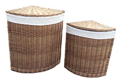 Red Hamper Set of 2 Light Steamed Corner Laundry Baskets with White Lining, Wicker, 60 x 46 x 46 cm