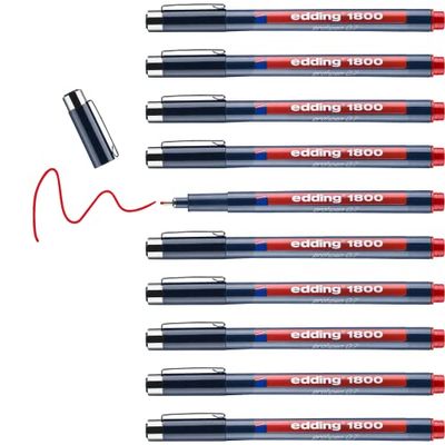 edding 1800 fin precisionspenna - röd - 10 pennor - linjebredd 0,7 mm - för exakt skrivning och skisser - fin metallmantlad spets - lämplig för regler och stenciler