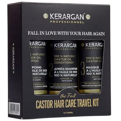 Kerargan - Kit de Voyage Anti-Chute à l’Huile de Ricin pour Stimuler la Pousse et Réduire les Chutes - Cheveu Sec, Cassant et Dévitalisés - Sans Sulfate, Paraben et Silicone - 3x100ml