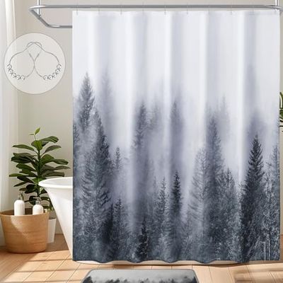 ORTIGIA Grey Shower Curtain for Bathroom, Misty Forest Shower Curtain Set with Rustproof Hooks, Decorative Pine Tree Fog Magic Bath Curtain for Home, Waterproof Fabric, Weighted, 72x72