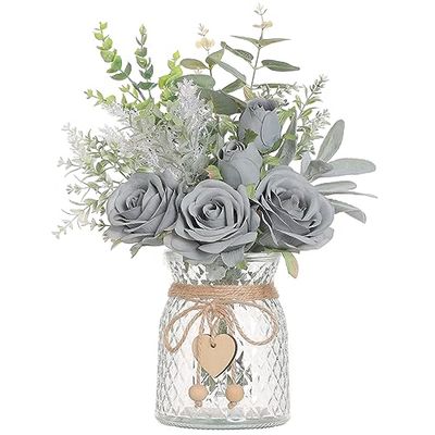 Faux Flowers with Vase,Artificial Silk Roses in Vase, Fake Plant Eucalyptus Flower Arrangement for Home Office Farmhouse Bathroom Dining Table Centerpiece Decorations Coffee Table Decor (Grey Blue)