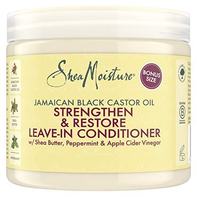SheaMoisture com óleo de rícino preto da Jamaica condicionador sem enxaguar fortalece e repara, para cabelos encaracolados, tratado quimicamente ou penteado com calor 431 ml