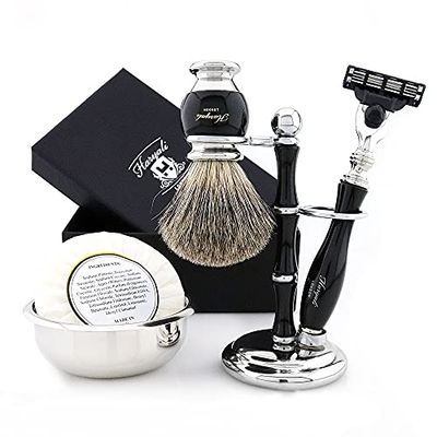 Haryali London Juego de afeitado para hombre – Kit de afeitado de 5 piezas – Cuchilla de afeitar de 3 bordes – Mejor brocha de afeitar de tejón – Jabón de afeitar – Cuenco de afeitar – Soporte de