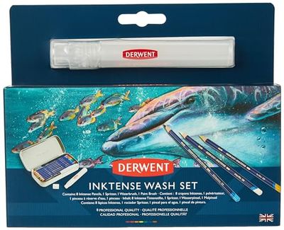 Derwent Inktense Wash Set, with 8 Watercolour Pencils, Spritzer, Water Brush & Paintbrush in Tin, Water-Soluble, for Drawing, Colouring or Painting on Paper & Fabric, Professional Quality (2302584)