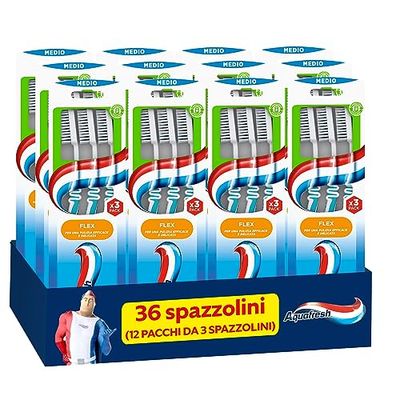 Aquafresh Interdental Flex Tris, Brosse à dents hygiénique dentaire avec Flex-Zone et poils arrondis, dents propres et gencives saines, poils moyens, lot de 12 brosses à dents