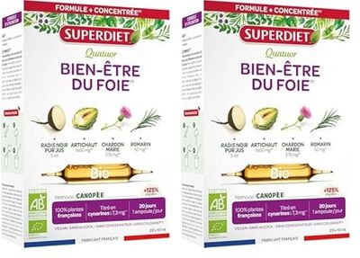 SUPERDIET-QUATUOR DIGESTION BIO-Bien-être du foie -Radis Noir Artichaut Chardon Marie Romarin-Fabrication Française-20 Ampoules de 10ml (Lot de 2)