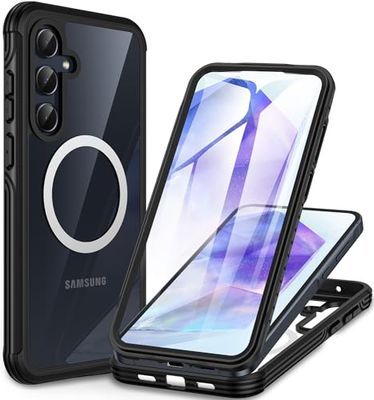 CENHUFO voor Samsung A55 5G telefoonhoesje, ingebouwde glazen schermbeschermer met magnetische, 360 full body schokbestendige beschermende robuuste bumper case voor Samsung Galaxy A55 5G - zwart